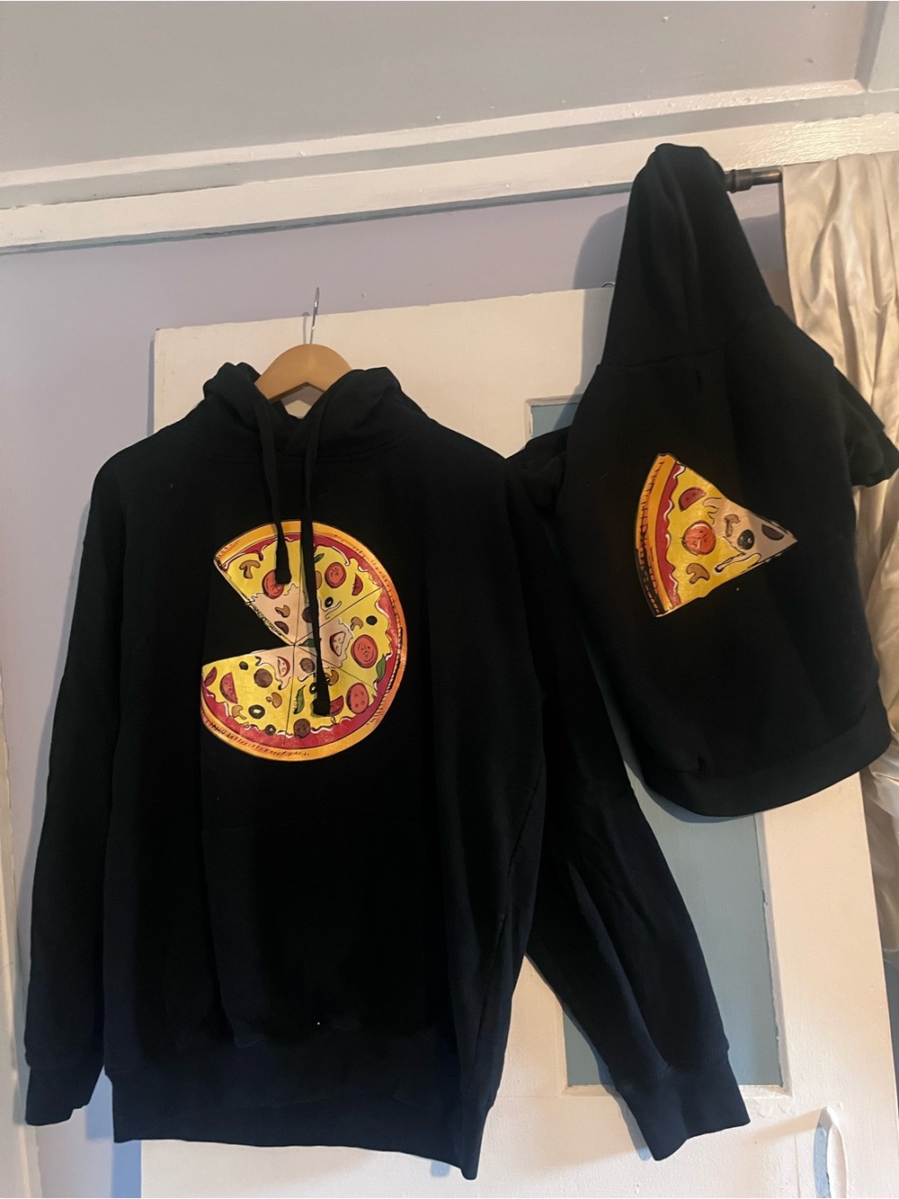 Black Hoodie with Pizza Graphic and hoodie for your dog matching